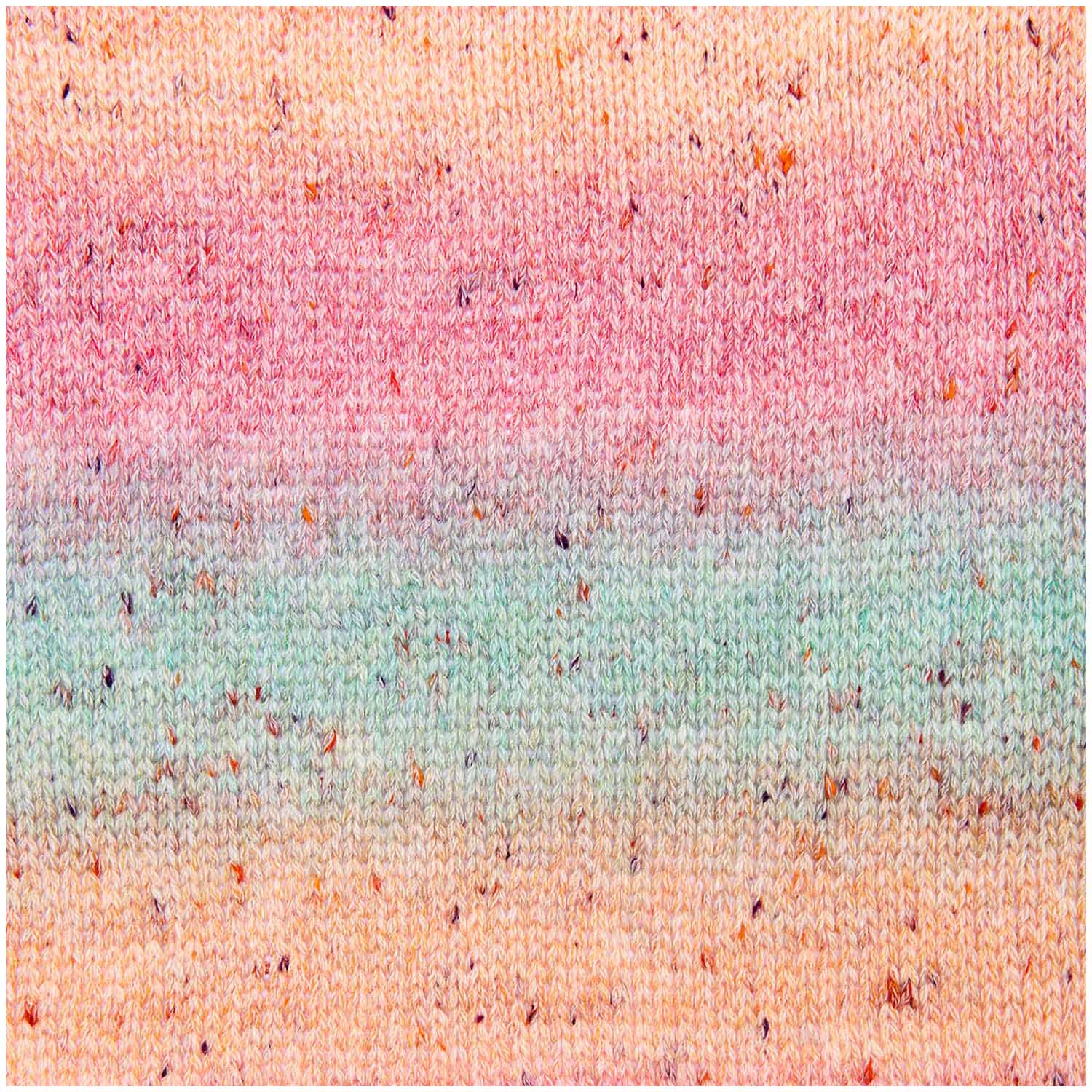 A knitted sample of Rico Fashion Cotton Light & Long Tweed, demonstrating the subtle ombré color flow combined with a speckled, heathered effect that adds depth and character to the stitches between mix of green, orange and pink