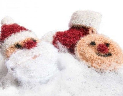 Crocheted Santa Claus sponge craft kit. All items included to crochet them for gift giving.