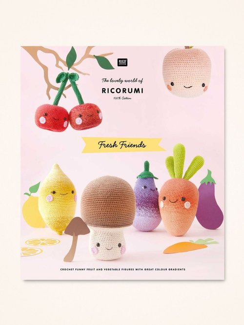 Front cover of the Ricorumi Fresh Friends book featuring a colorful display of crochet vegetables like carrots and leeks with cute smiling face