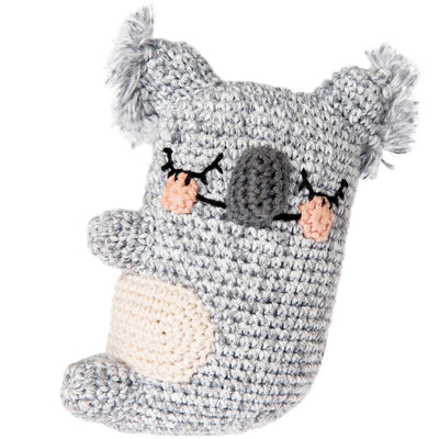 The Ricorumi Koala Crochet Kit box featuring a cute finished crocheted koala with grey fur and a grey nose