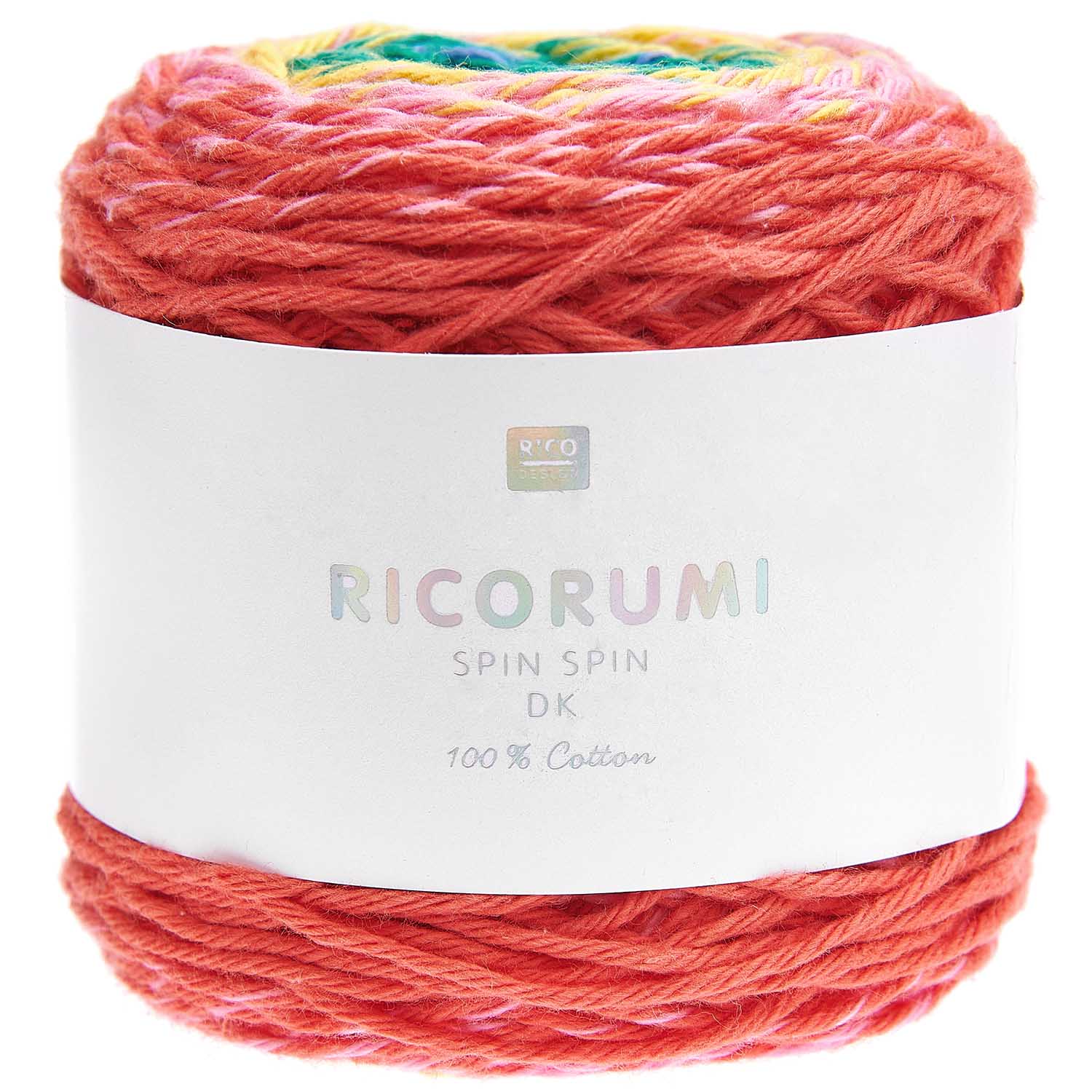 A vibrant cake of Ricorumi Spin Spin in rainbow colour yarn