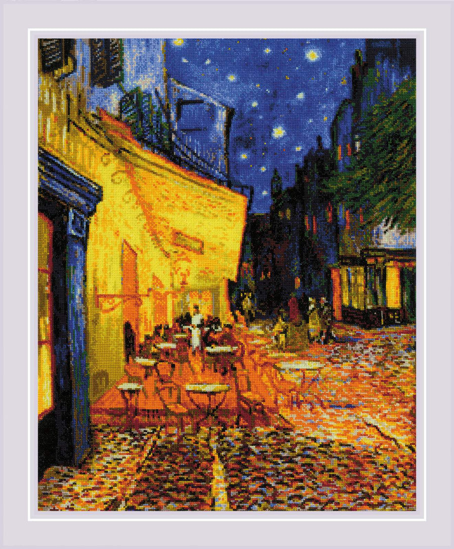 Riolis Café Terrace at Night Counted Cross Stitch Kit after Van Gogh. Premium art-inspired embroidery set on black 14ct Aida with specialty threads for a painterly finish. eproduction of Vincent Van Gogh’s 'Café Terrace at Night,' featuring a glowing yellow café under a deep blue starry sky.
