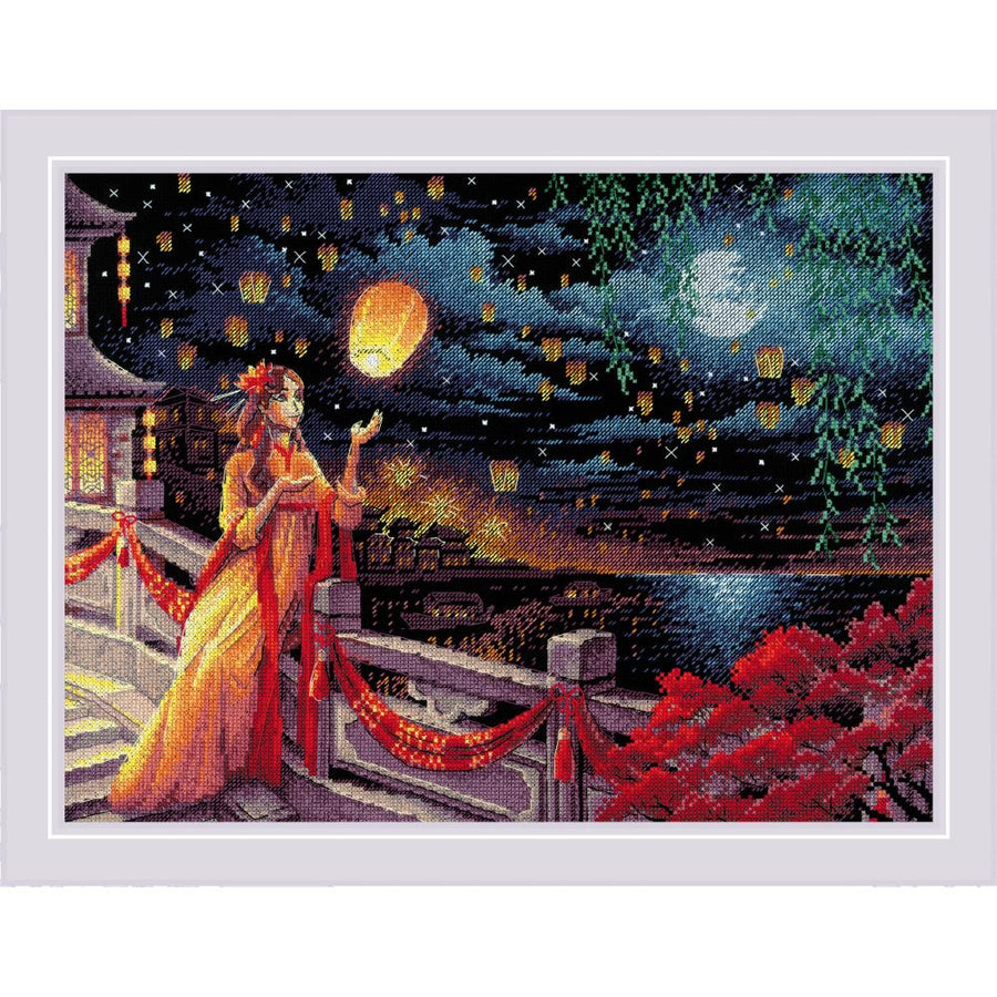 Close-up of the "Lantern Festival" design, showcasing the vibrant red, orange, and gold lanterns glowing against a deep black background, creating a striking, high-contrast visual effect