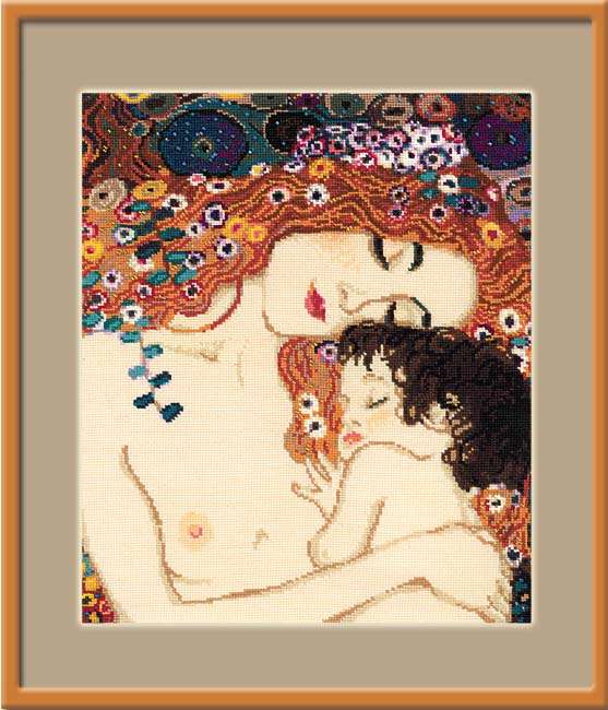 Riolis Motherly Love Counted Cross Stitch Kit after Gustav Klimt. Premium art-inspired embroidery set on 14ct Aida with wool-blend threads for a rich, painterly finish. reproduction of Gustav Klimt’s 'Motherly Love,' featuring a mother embracing her sleeping child in a halo of colorful, geometric floral patterns