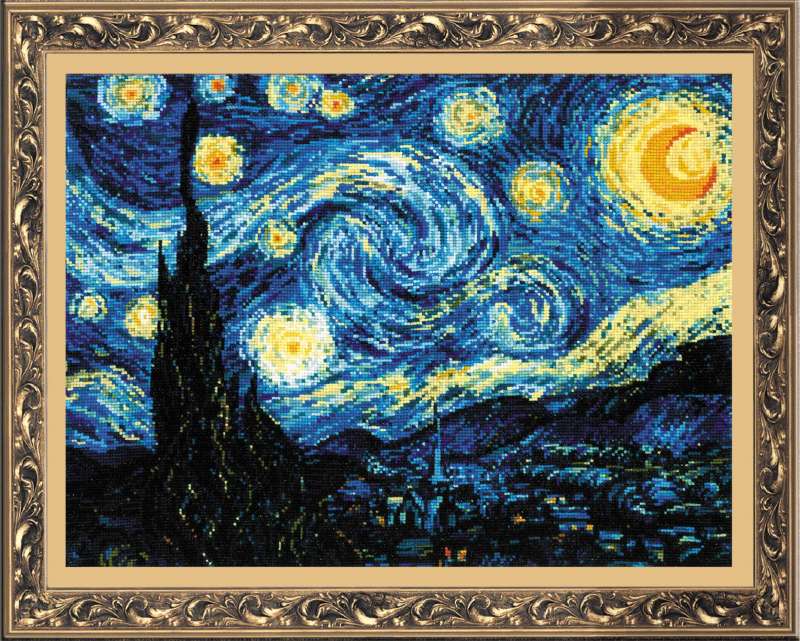 Cross stitch kit depicting 'Starry Night' after Van Gogh's Painting, with a partial view of the famous painting in a frame. Riolis cross stitch kit reproduction of Vincent Van Gogh's 'The Starry Night,' featuring vibrant yellow swirling stars and a glowing crescent moon over a deep blue village landscape