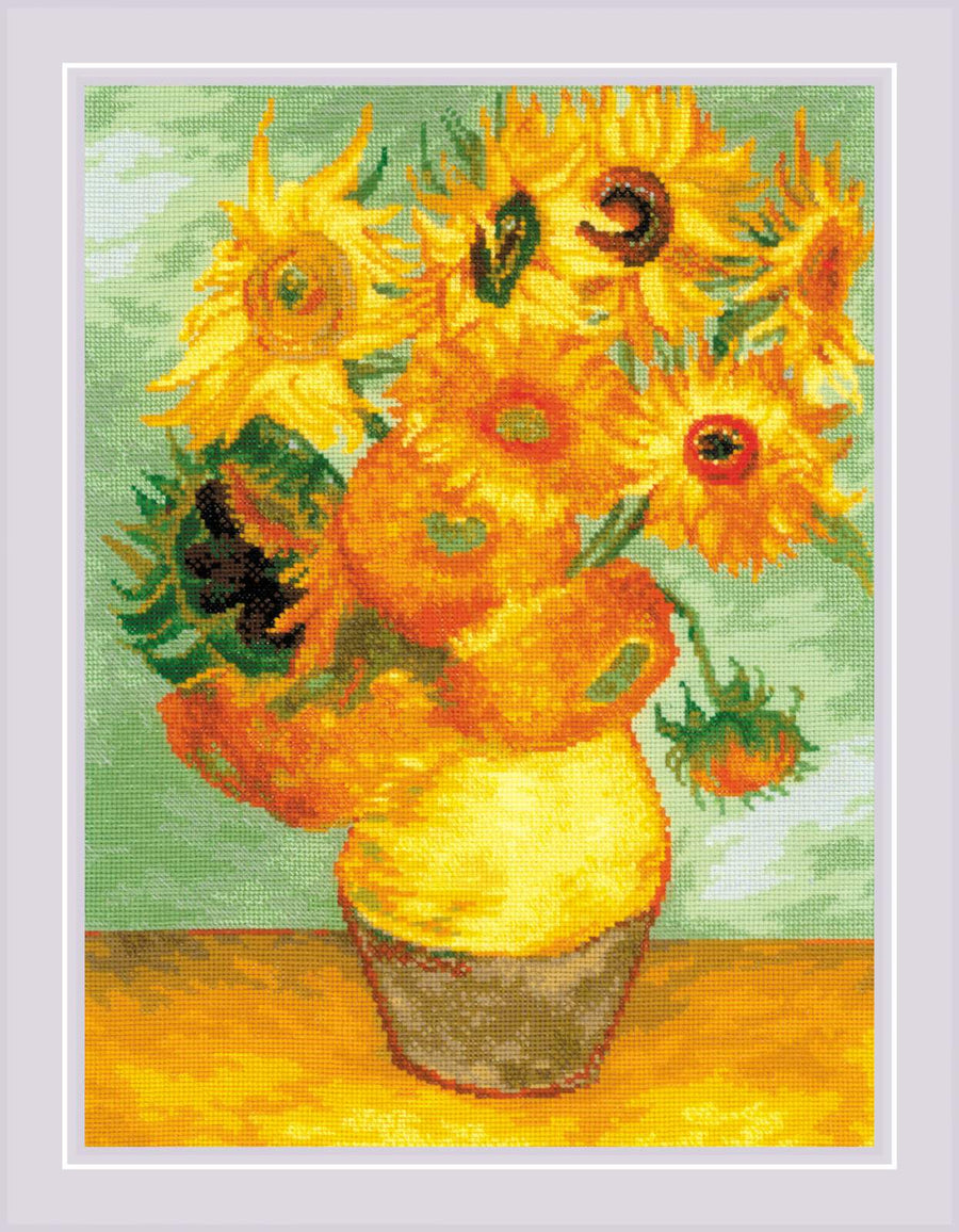 Riolis Sunflowers Counted Cross Stitch Kit after Van Gogh. Premium fine art embroidery set with 14ct Aida and specialty threads for an intermediate-level masterpiece. Riolis cross stitch kit reproduction of Vincent Van Gogh's 'Sunflowers' painting, featuring vibrant yellow and ochre blooms in a rustic vase on a warm background