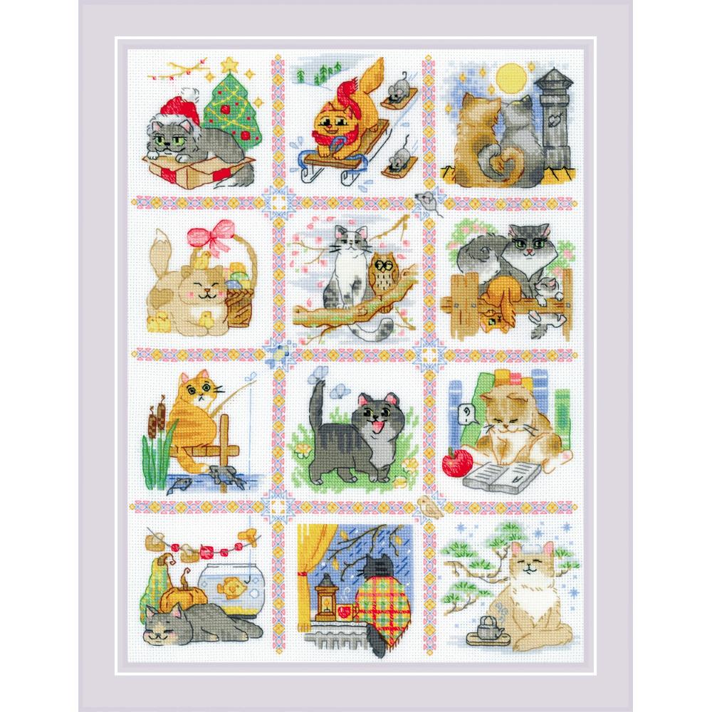 12 months of cats cross stitch, wool-acrylic embroidery thread, feline wall decor craft, Riolis cat patterns, textured cross stitch kit. "
A finished Riolis Cat Calendar cross-stitch featuring 12 individual blocks, each showing a different cat in a seasonal setting (e.g., a cat with a pumpkin for October)