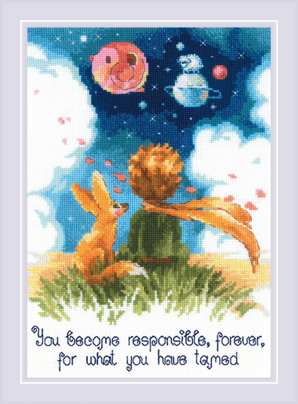 Riolis cross stitch kit of The Little Prince standing among stars with the quote 'You become responsible, forever, for what you have tamed' on 14-count Aida. A finished Little Prince cross stitch piece framed and displayed in a child’s nursery next to a collection of classic books