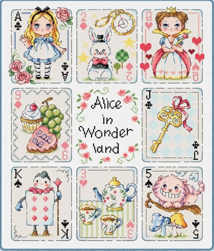 A professional-grade cross-stitch kit by SODA Stitch titled 'Cards of Alice in Wonderland.' The high-definition design features a large, vertically-oriented composition of characters and scenes from the classic story, creatively framed within playing card motifs