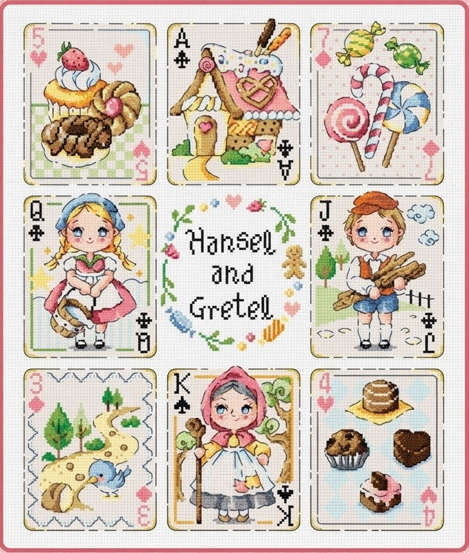 A professional-grade cross-stitch kit by SODA Stitch titled 'Cards of Hansel and Gretel.' The high-definition design features a large, vertically-oriented composition of scenes from the famous Brothers Grimm tale, creatively framed within playing card motifs. The artwork style is contemporary and colorful, showcasing the siblings, the gingerbread house, and iconic forest elements in a whimsical, artisanal layout."