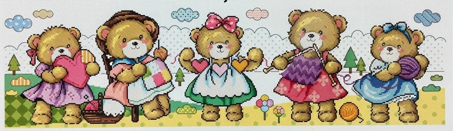 A professional-grade, large-scale cross-stitch kit by SODA Stitch titled 'Craft Bears.' The high-definition design features a long, horizontal row of adorable bears engaged in various artisanal activities like knitting, sewing, and painting.