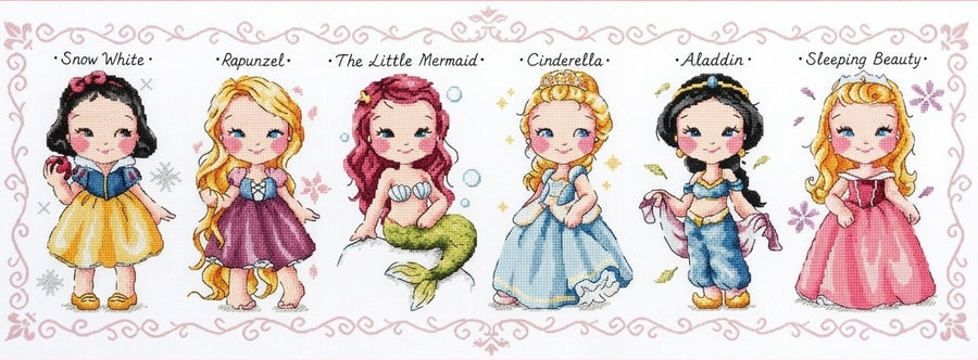 A professional-grade, large-scale cross-stitch kit by SODA Stitch titled 'Princess Collection.' This high-definition design features a wide panoramic row of iconic fairytale princesses, each rendered with artisanal detail and boutique whimsical charm. The artwork is contemporary and vibrant, showcasing a high-quality narrative of royalty and magic.