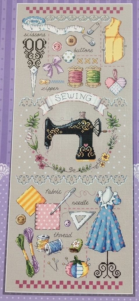 A professional-grade cross-stitch kit by SODA Stitch titled 'Sewing Room Decor.' The high-definition design features an array of colorful, whimsical sewing tools and notions, including a sewing machine, dress form, and vibrant thread skeins. The artwork style is modern and cheerful, designed to be the perfect focal point for a creative workspace."