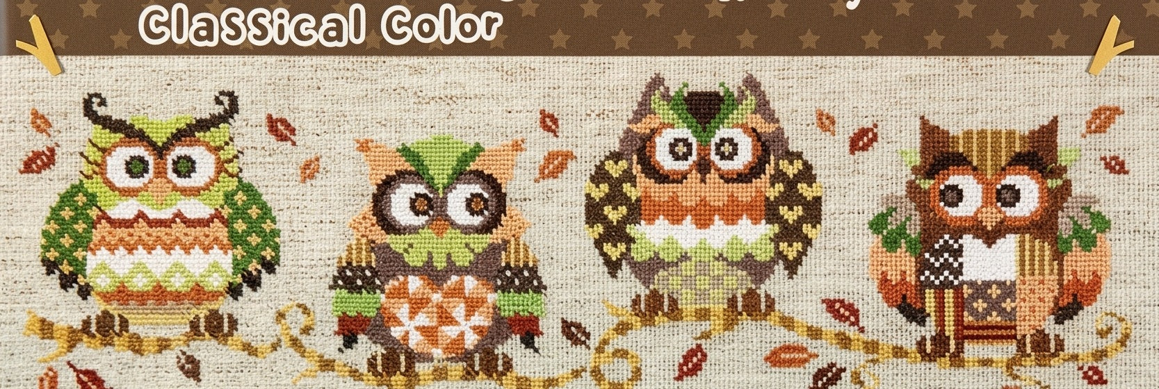 Cross-stitched pattern of four owls with autumn-themed designs on a brown background.