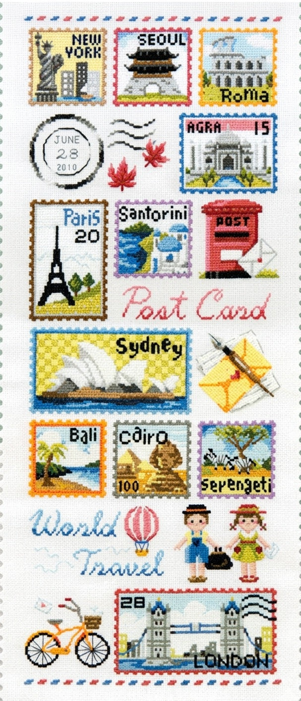 Close-up of the SODA Postage Stamp design, showcasing miniature cross-stitched icons of global landmarks and cultural symbols framed like colorful postage stamps with scalloped edges.