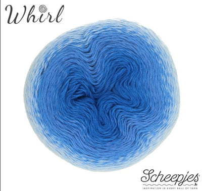 A versatile cake of Scheepjes Whirl gradient yarn, ideal for creating large, lightweight shawls, "one-cake" crochet projects, and garments with a beautiful, fluid drape and ombre finish. in hues of blue