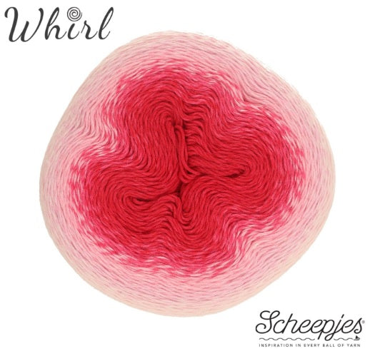 A versatile cake of Scheepjes Whirl gradient yarn, ideal for creating large, lightweight shawls, "one-cake" crochet projects, and garments with a beautiful, fluid drape and ombre finish in pink hues