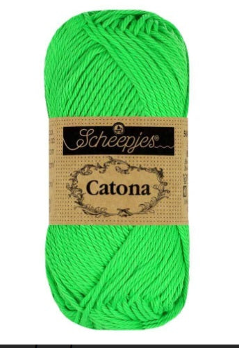 Close-up of Scheepjes Catona 50g yarn showing the smooth, silk-like mercerized finish and crisp stitch definition for detailed crochet and knitting