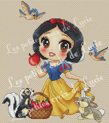 Cross-stitched design of Snow White with birds, skunk, and rabbit on a beige background.

Snow White Cross Stitch Kit,