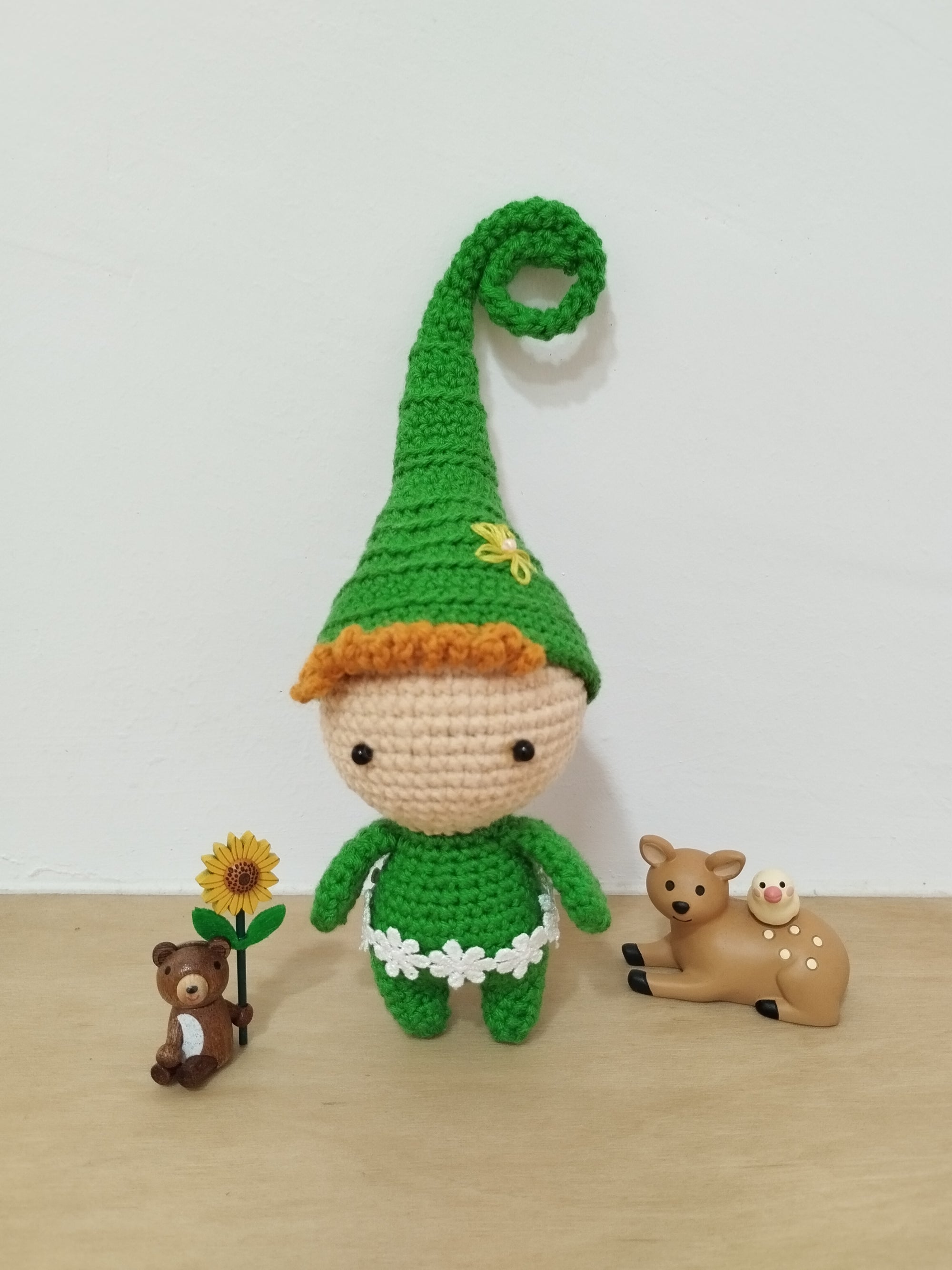 Crocheted gnome with pointy hat. Forest elf. Travel companion. Artisan Hand crochet item for sale. Instagrammable