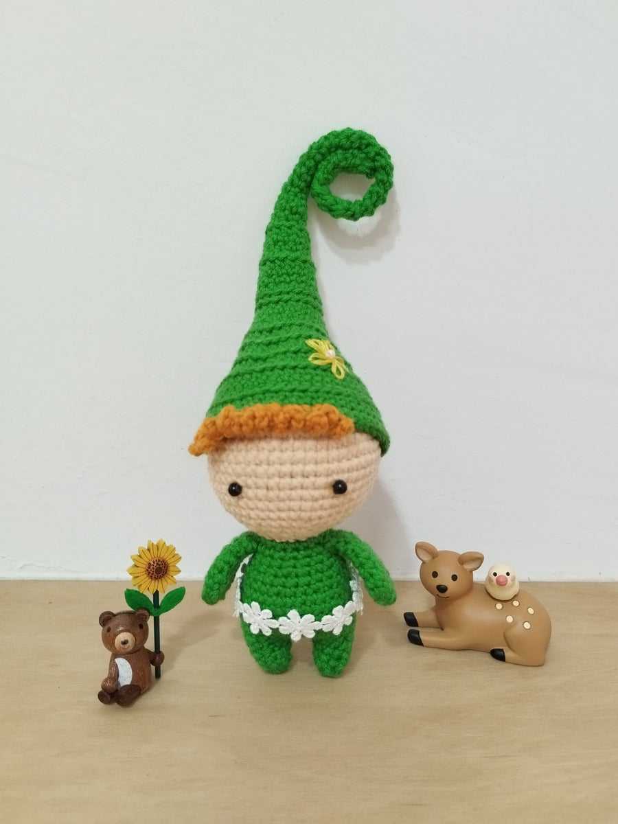Crocheted gnome with pointy hat. Forest elf. Travel companion. Artisan Hand crochet item for sale. Instagrammable
