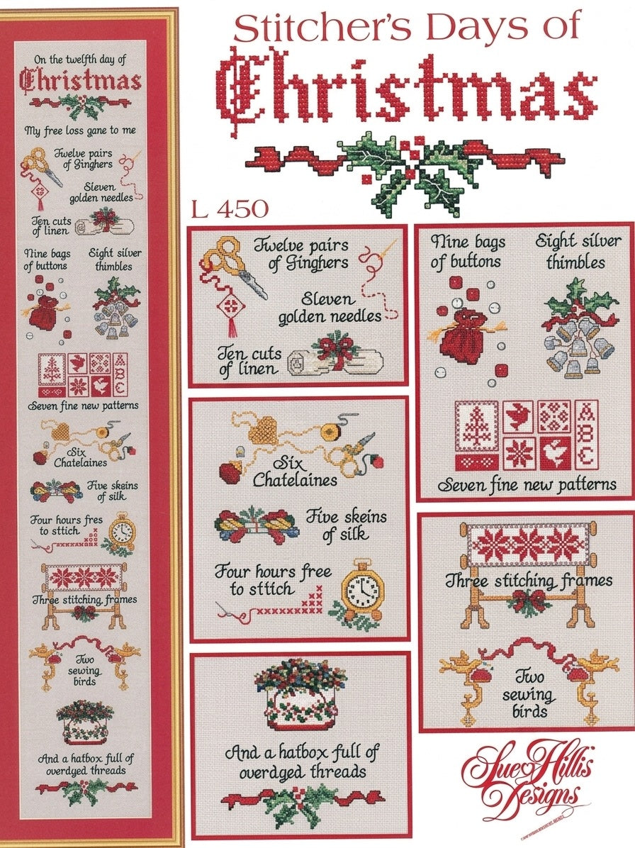 Close-up of the 12 Days of Needlework cross stitch design, showcasing festive illustrations of sewing notions like vintage thimbles, pin cushions, and colorful thread spools in a holiday-themed layout.