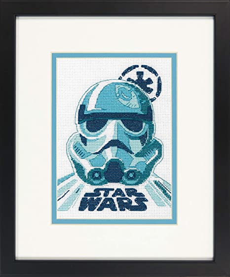 Framed cross-stitch pattern of a stormtrooper helmet from Star Wars