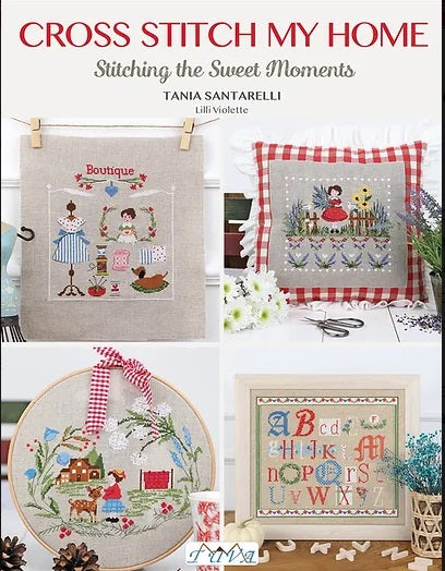 A collection of cross stitch patterns from a book titled 'TUVA Cross Stitch My Home Pattern Book', featuring various designs including floral, gardening, and home-themed motifs.
