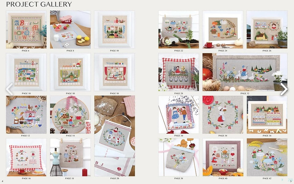The "My Home" cross stitch pattern book by TUVA, featuring a variety of domestic-themed embroidery charts, including cozy interior scenes, kitchen motifs, and garden-inspired samplers