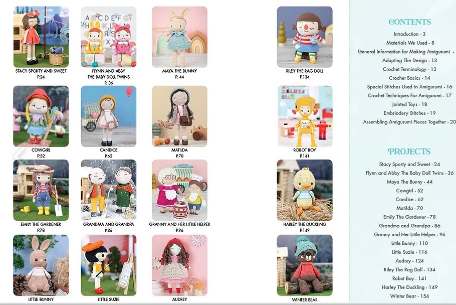 The TUVA Hello Amigurumi book, highlighting the diverse range of whimsical characters—from forest animals to dressed dolls—designed for intermediate to advanced crochet enthusiasts.