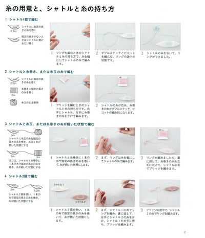 Step-by-step photography from Lesson 1, demonstrating the shuttle and thread technique for beginner edgings
