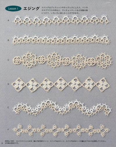 A collage of finished projects from the book, including a tatted lace collar and a small floral motif bag