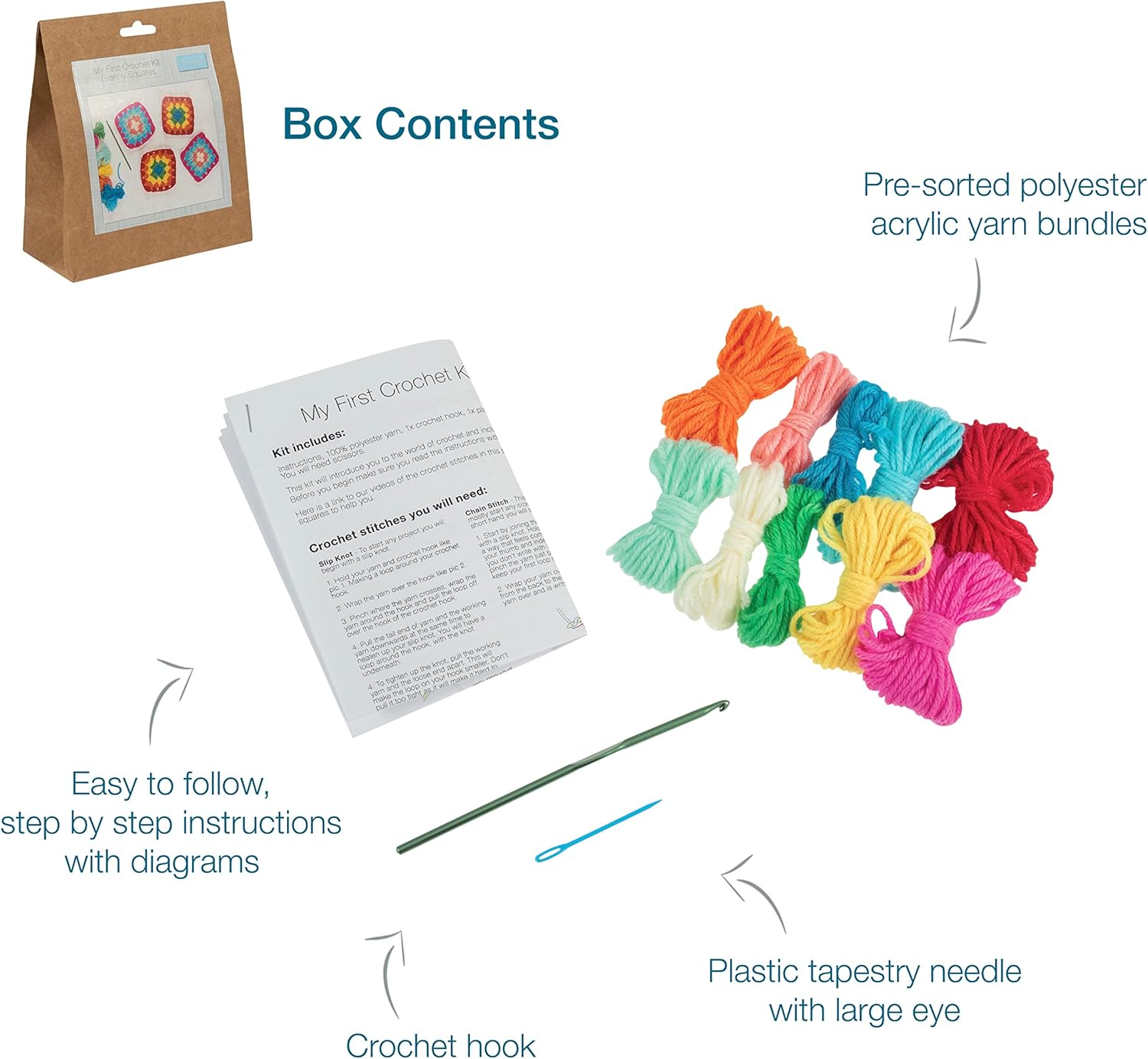 Complete beginner crochet starter set by Trimits, including soft acrylic yarn, a specialty crochet hook, a plastic needle, and easy-to-follow illustrated instructions for granny square motifs