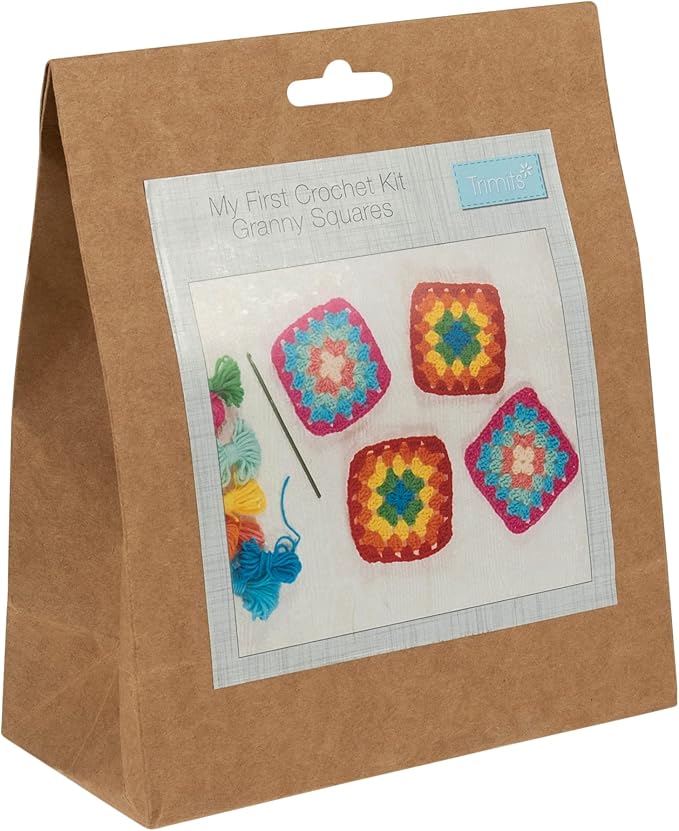Complete beginner crochet starter set by Trimits, including soft acrylic yarn, a specialty crochet hook, a plastic needle, and easy-to-follow illustrated instructions for granny square motifs