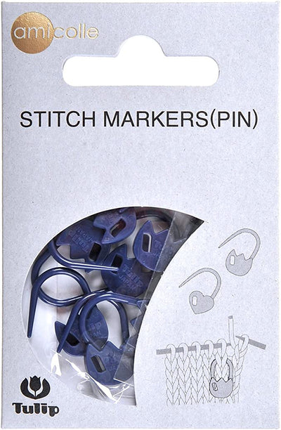 A pack of 7 premium Tulip stitch markers from Japan, available in Dark Navy Tulip flower shapes. The markers feature a secure, clip-on design with a smooth finish to prevent snagging on yarn. They come in soft, vibrant colors and are displayed in their original Tulip Japan packaging, perfect for marking rows on sweaters and tops.