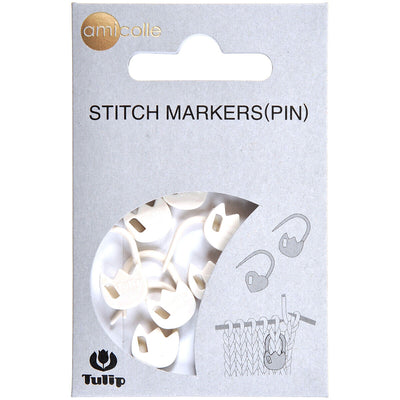 A pack of 7 premium Tulip stitch markers from Japan, available in White Tulip flower shapes. The markers feature a secure, clip-on design with a smooth finish to prevent snagging on yarn. They come in soft, vibrant colors and are displayed in their original Tulip Japan packaging, perfect for marking rows on sweaters and tops