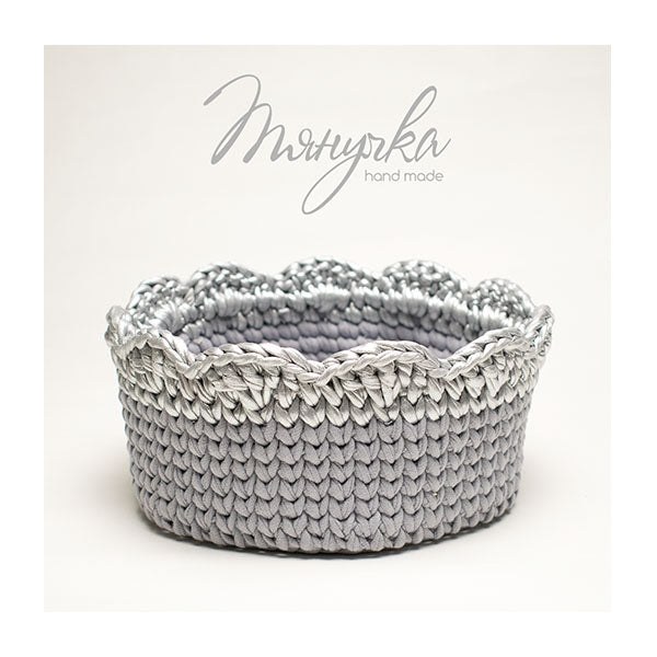 A structural 15cm crochet basket made with Tyanuchka metallic yarn, demonstrating how the yarn holds its shape perfectly.