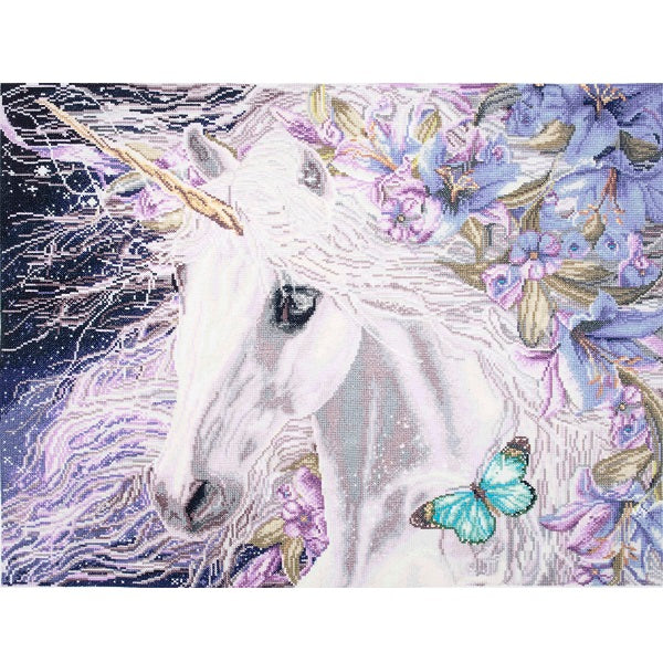 Unicorn with floral and butterfly design on a white background mystical cross stitching kit
Full view of the Majestic Unicorn cross stitch design, featuring soft pastels, intricate floral manes, and a delicate butterfly