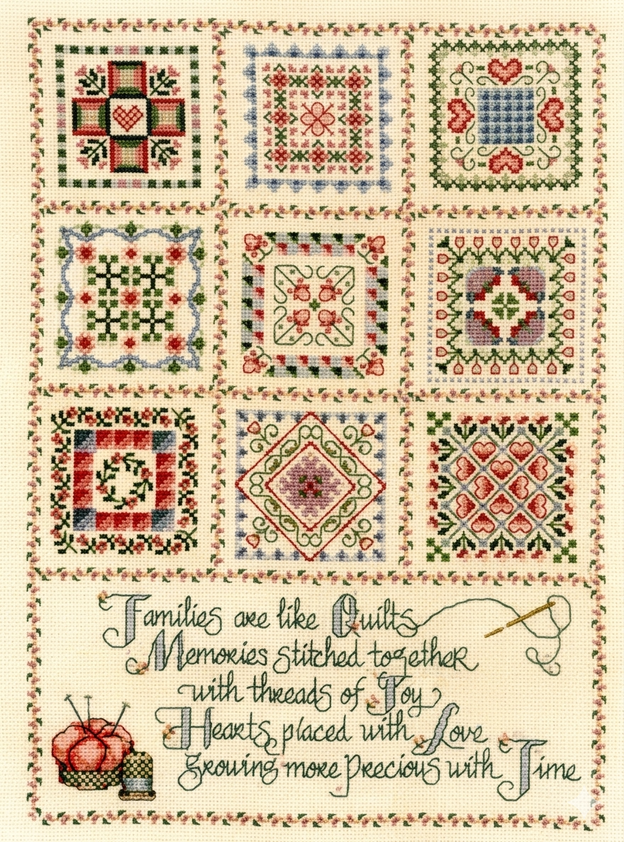 A professional cross-stitch chart titled 'Threads of Joy' designed by Ursula Michael. The pattern features a central 'quilt-style' motif with blocks of intricate patterns and heartwarming text. The words celebrate family, memories, and love, framed by delicate borders. This vertical-format chart is designed for 28-count fabric, with a substantial stitch count of 154w x 214h