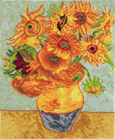 Cross-stitched replica of Van Gogh's 'Sunflowers' with vibrant yellow flowers and green leaves. kit for sale in Singapore
intermediate to advance cross stitch kit