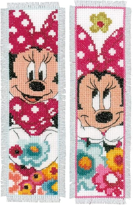 Two cross-stitched bookmarks featuring a cartoon character with a pink bow and floral design.