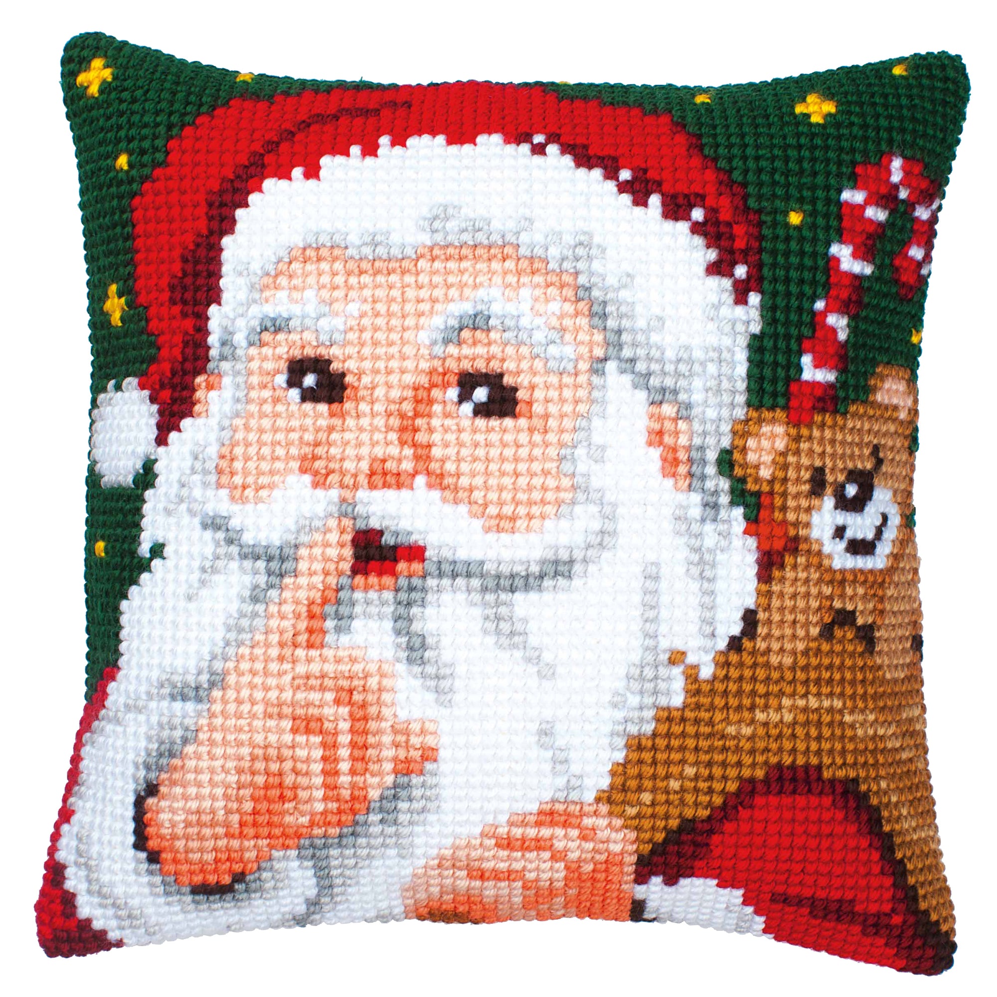 Contents of a Vervaco Santa tapestry kit: includes thick 100% acrylic yarn, a specialty needle, and a color-printed canvas for a chunky, textured holiday finish