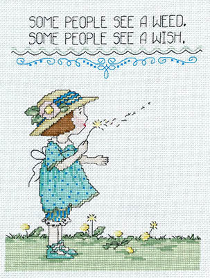 A cross stitch depiction of a person in a blue dress and hat blowing a wishbone, with the text 'Some people see a weed. Some people see a wish.