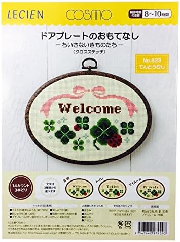 A beginner-friendly cross-stitch kit featuring a cheerful ladybug 'Welcome' design. The kit is displayed with its 100% cotton threads in vibrant reds and greens, 14-count cotton stitching cloth, and a sleek 14cm x 19cm rectangular frame, showcasing a complete 'ready-to-stitch' set for creating charming handmade wall art.