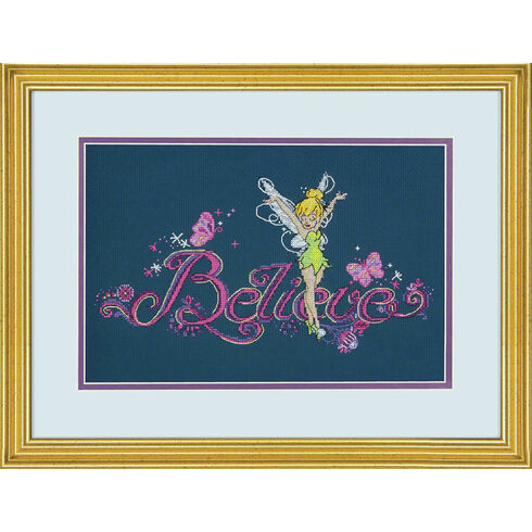 Framed cross-stitched artwork with Wendy the fairy and 'Believe' text on a blue background.