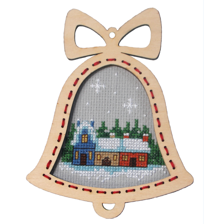 Cross-stitched bell ornament with a snowy village design. Festive gift giving ideas. Cross stitch hobbyist. ply wood frame included.
