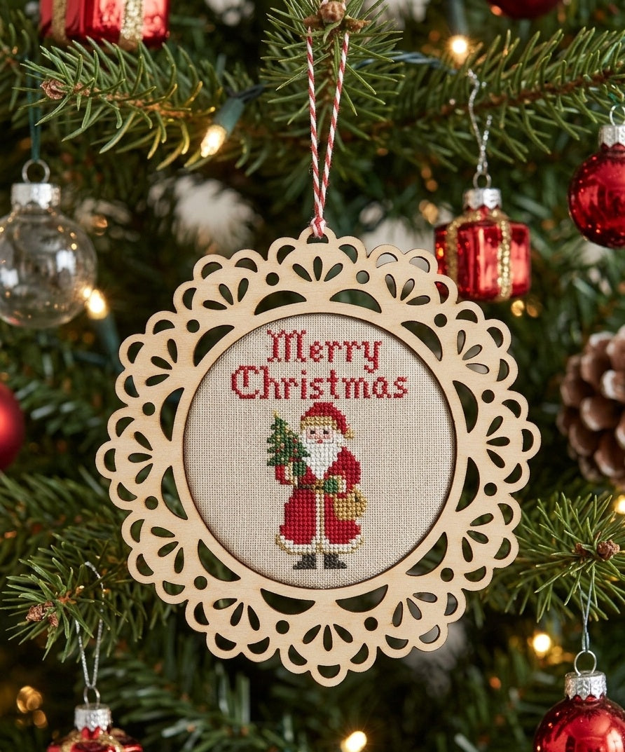 Decorative Christmas ornament with 'Merry Christmas' text and Santa Claus on a wooden frame, hanging on a Christmas tree.