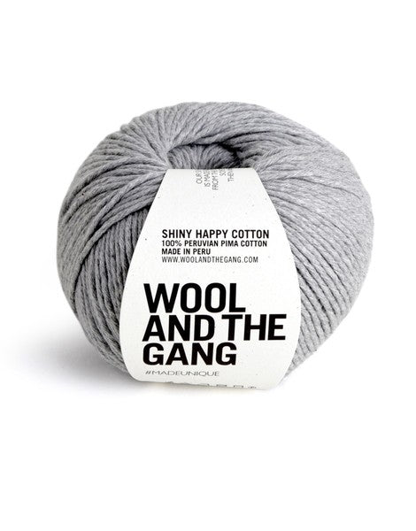 Best Cotton Yarn for Summer, Luxury Aran Cotton, WATG Yarn Singapore.
Soft pima cotton for knitting, chunky cotton crochet yarn, breathable yarn for garments, high-luster cotton floss, eco-friendly luxury fiber.
A 100g ball of Wool and the Gang Shiny Happy Cotton yarn in a vibrant Grey shade, showing its smooth texture and subtle natural sheen