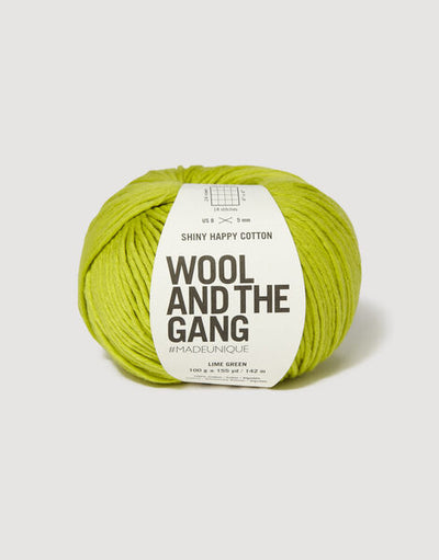 A 100g ball of Wool and the Gang Shiny Happy Cotton yarn in a vibrant Lime Green shade, showing its smooth texture and subtle natural sheen.

Best Cotton Yarn for Summer, Luxury Aran Cotton, WATG Yarn Singapore. Soft pima cotton for knitting, chunky cotton crochet yarn, breathable yarn for garments, high-luster cotton floss, eco-friendly luxury fiber.