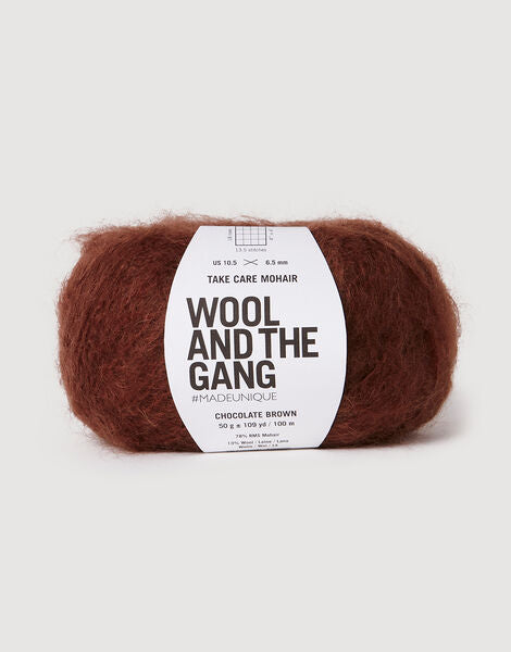 A voluminous 50g ball of Wool and the Gang Take Care Mohair, showing its iconic fluffy halo and soft, radiant fiber texture in chocolate brown colour